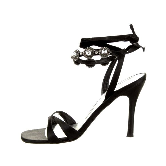 Stuart Weitzman 8 Suede CRYSTAL Square Toe Sandals Ankle Tie Heels Black - Picture 1 of 9